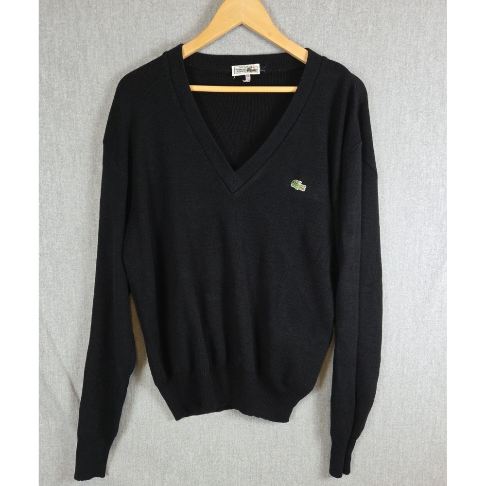 Lacoste Mens XL Wool‎ Sweater V Neck Pullover Black Long Sleeve Logo Retro Y2K
